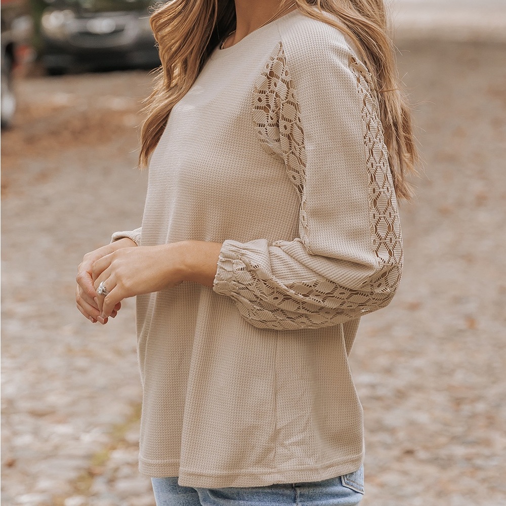 Beige Lace Sleeve Waffle Knit Top - Picture 5 of 9